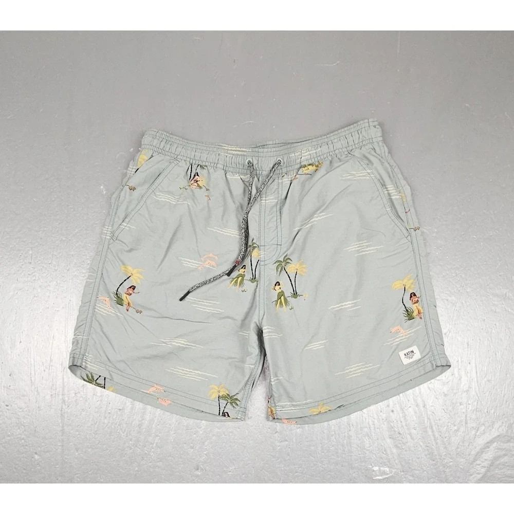 Katin Swim Trunks Mens M Green Hula Girl Mesh Lined Pocket Surf Beachwear Shorts